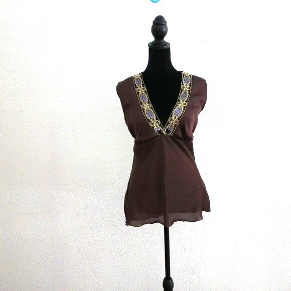 Judy Jr., Brown V-neck tank top, with golden embroidery & sequins design - Picture 2 of 8